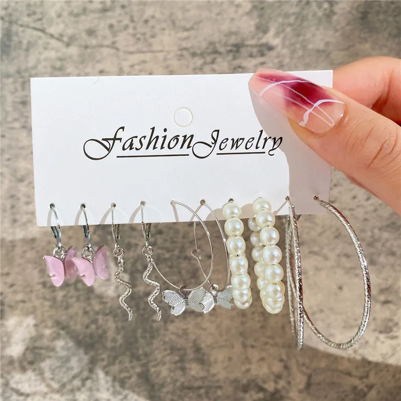 Boho Big Circle Hoop Earring Set for Women, Gold Color Bohemia VintageWomen, Gold Color Bohemia Vintage Pearl Earring, Heart Zircon Ear Studs Jewelry Gifts