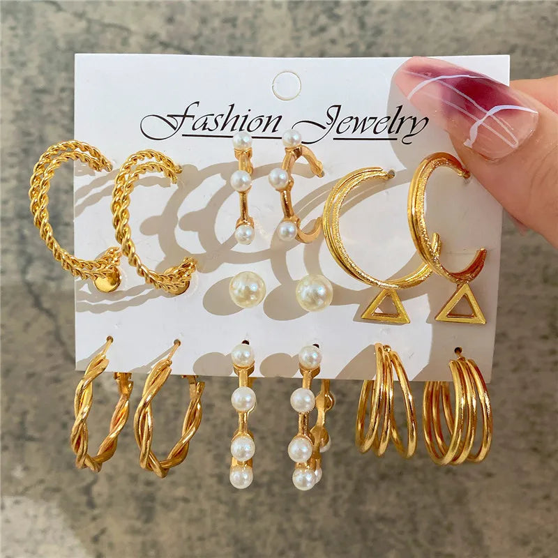 Boho Big Circle Hoop Earring Set for Women, Gold Color Bohemia VintageWomen, Gold Color Bohemia Vintage Pearl Earring, Heart Zircon Ear Studs Jewelry Gifts
