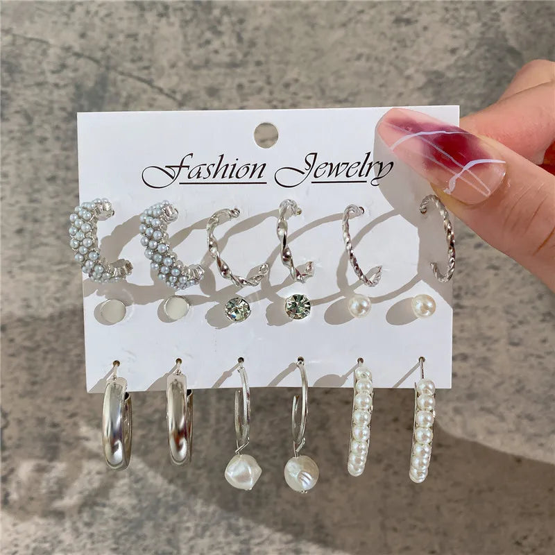 Boho Big Circle Hoop Earring Set for Women, Gold Color Bohemia VintageWomen, Gold Color Bohemia Vintage Pearl Earring, Heart Zircon Ear Studs Jewelry Gifts