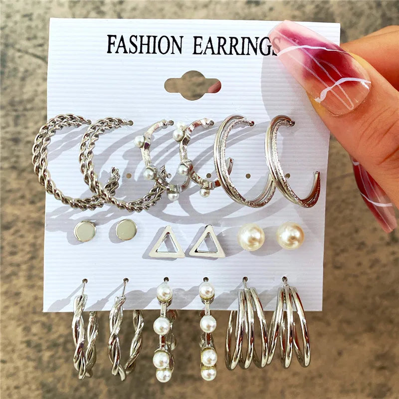 Boho Big Circle Hoop Earring Set for Women, Gold Color Bohemia VintageWomen, Gold Color Bohemia Vintage Pearl Earring, Heart Zircon Ear Studs Jewelry Gifts