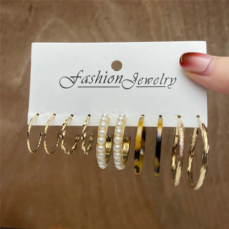 Boho Big Circle Hoop Earring Set for Women, Gold Color Bohemia VintageWomen, Gold Color Bohemia Vintage Pearl Earring, Heart Zircon Ear Studs Jewelry Gifts