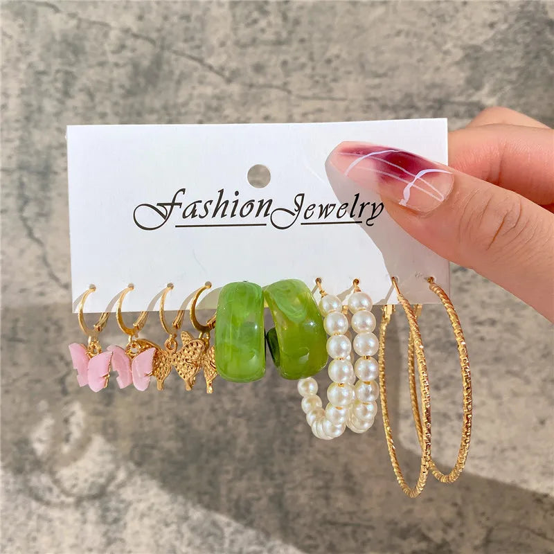 Boho Big Circle Hoop Earring Set for Women, Gold Color Bohemia VintageWomen, Gold Color Bohemia Vintage Pearl Earring, Heart Zircon Ear Studs Jewelry Gifts