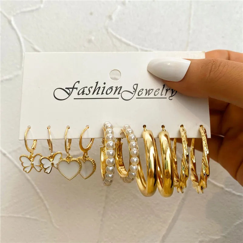 Boho Big Circle Hoop Earring Set for Women, Gold Color Bohemia VintageWomen, Gold Color Bohemia Vintage Pearl Earring, Heart Zircon Ear Studs Jewelry Gifts