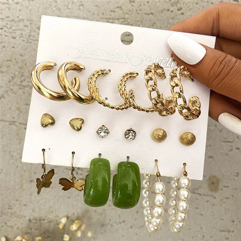 Boho Big Circle Hoop Earring Set for Women, Gold Color Bohemia VintageWomen, Gold Color Bohemia Vintage Pearl Earring, Heart Zircon Ear Studs Jewelry Gifts