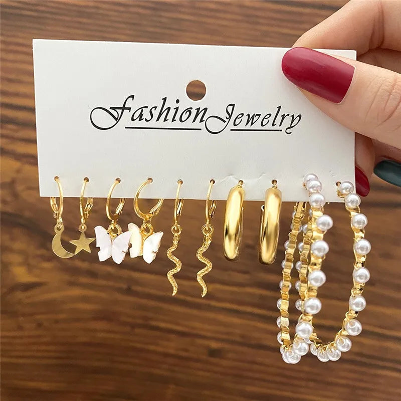 Boho Big Circle Hoop Earring Set for Women, Gold Color Bohemia VintageWomen, Gold Color Bohemia Vintage Pearl Earring, Heart Zircon Ear Studs Jewelry Gifts