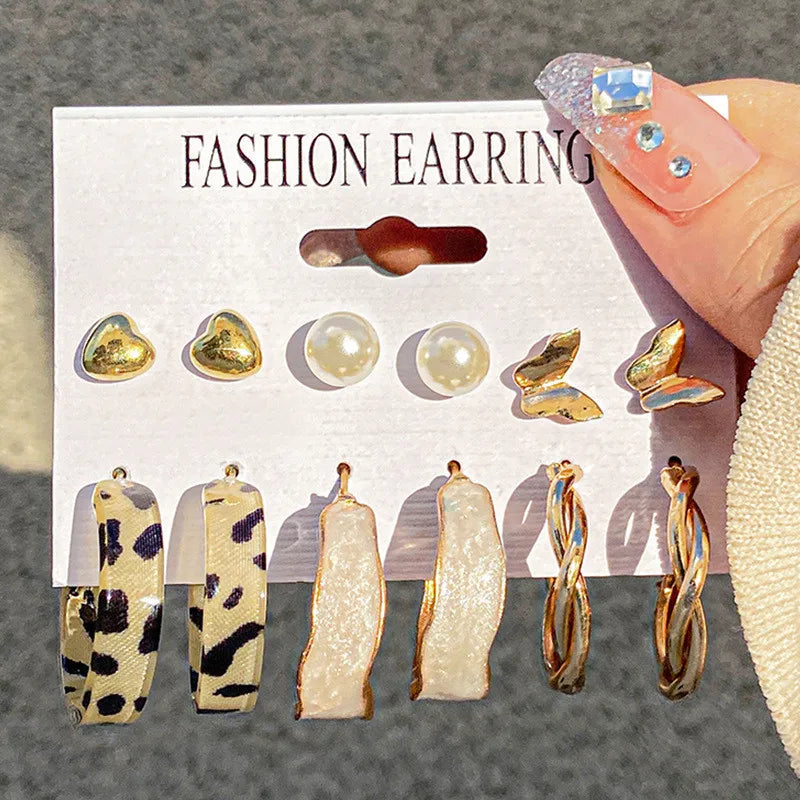 Boho Big Circle Hoop Earring Set for Women, Gold Color Bohemia VintageWomen, Gold Color Bohemia Vintage Pearl Earring, Heart Zircon Ear Studs Jewelry Gifts
