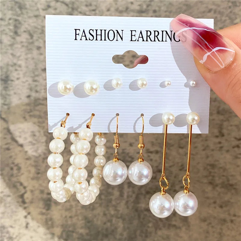 Boho Big Circle Hoop Earring Set for Women, Gold Color Bohemia VintageWomen, Gold Color Bohemia Vintage Pearl Earring, Heart Zircon Ear Studs Jewelry Gifts