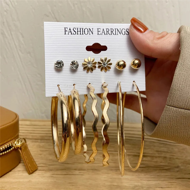 Boho Big Circle Hoop Earring Set for Women, Gold Color Bohemia VintageWomen, Gold Color Bohemia Vintage Pearl Earring, Heart Zircon Ear Studs Jewelry Gifts