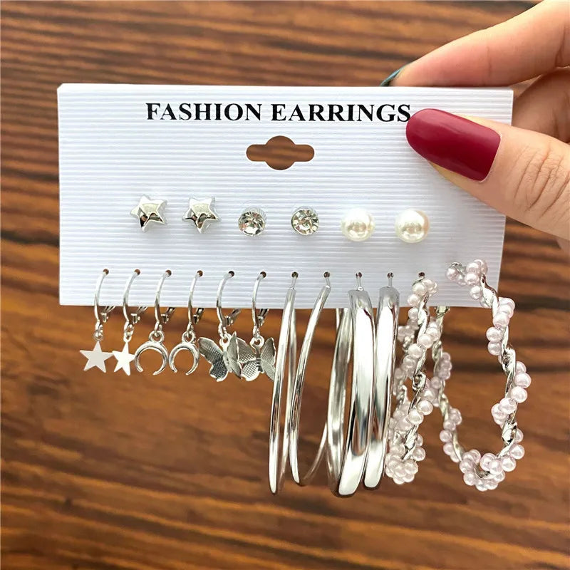Boho Big Circle Hoop Earring Set for Women, Gold Color Bohemia VintageWomen, Gold Color Bohemia Vintage Pearl Earring, Heart Zircon Ear Studs Jewelry Gifts