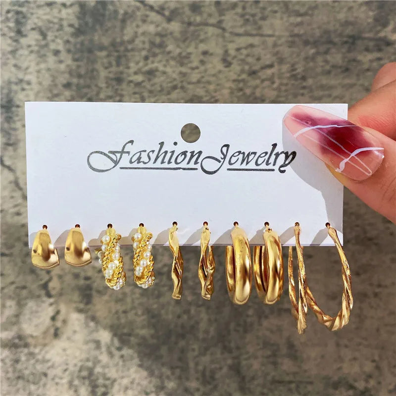 Boho Big Circle Hoop Earring Set for Women, Gold Color Bohemia VintageWomen, Gold Color Bohemia Vintage Pearl Earring, Heart Zircon Ear Studs Jewelry Gifts