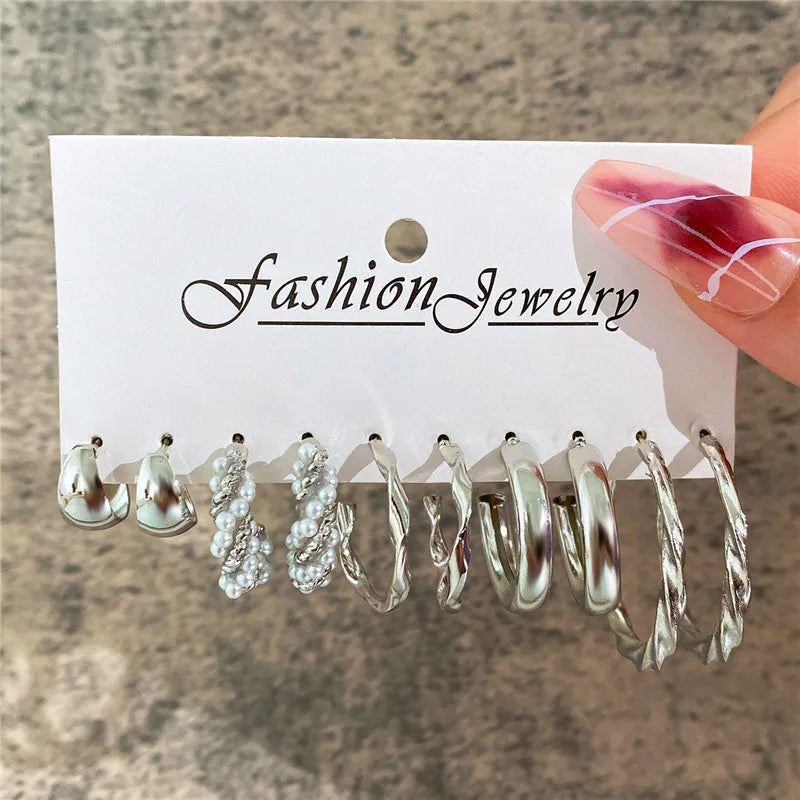 Boho Big Circle Hoop Earring Set for Women, Gold Color Bohemia VintageWomen, Gold Color Bohemia Vintage Pearl Earring, Heart Zircon Ear Studs Jewelry Gifts