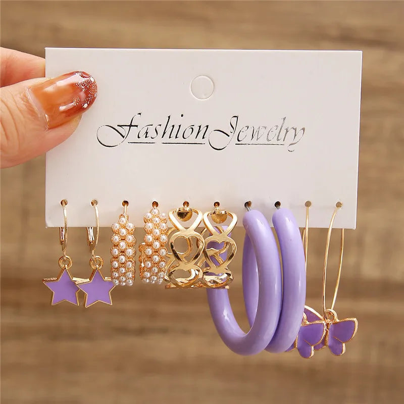 Boho Big Circle Hoop Earring Set for Women, Gold Color Bohemia VintageWomen, Gold Color Bohemia Vintage Pearl Earring, Heart Zircon Ear Studs Jewelry Gifts
