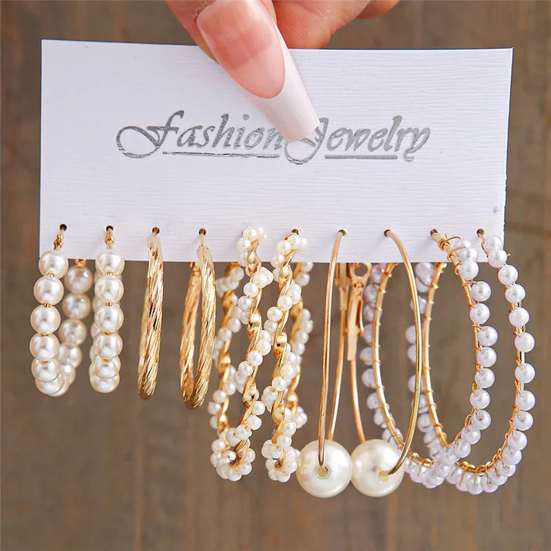 Boho Big Circle Hoop Earring Set for Women, Gold Color Bohemia VintageWomen, Gold Color Bohemia Vintage Pearl Earring, Heart Zircon Ear Studs Jewelry Gifts