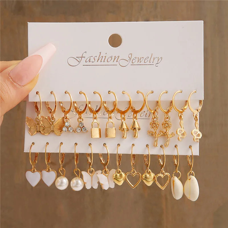 Boho Big Circle Hoop Earring Set for Women, Gold Color Bohemia VintageWomen, Gold Color Bohemia Vintage Pearl Earring, Heart Zircon Ear Studs Jewelry Gifts