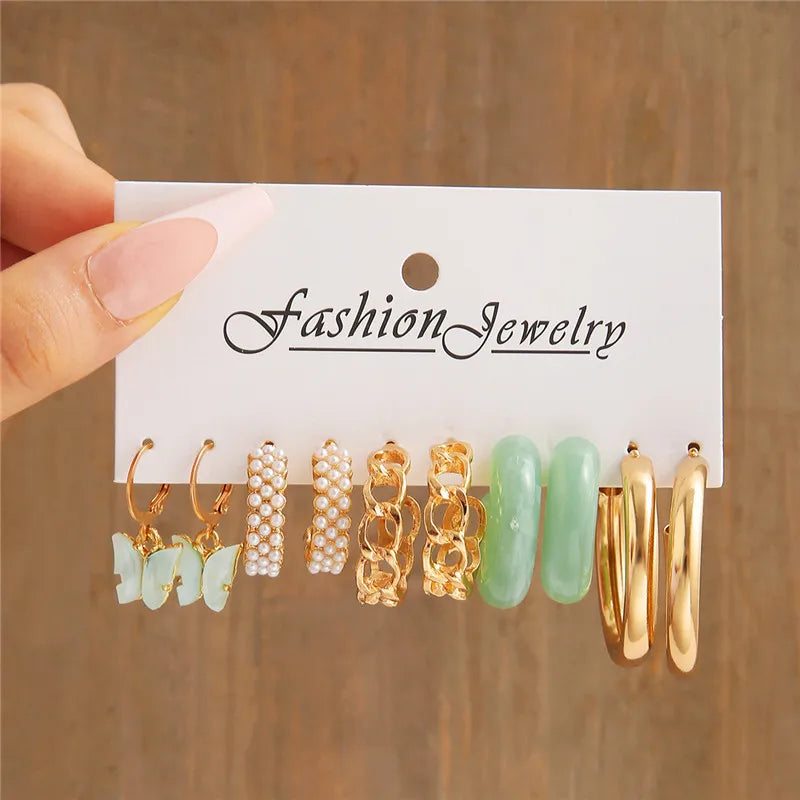 Boho Big Circle Hoop Earring Set for Women, Gold Color Bohemia VintageWomen, Gold Color Bohemia Vintage Pearl Earring, Heart Zircon Ear Studs Jewelry Gifts
