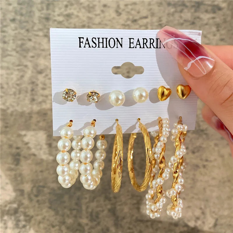 Boho Big Circle Hoop Earring Set for Women, Gold Color Bohemia VintageWomen, Gold Color Bohemia Vintage Pearl Earring, Heart Zircon Ear Studs Jewelry Gifts