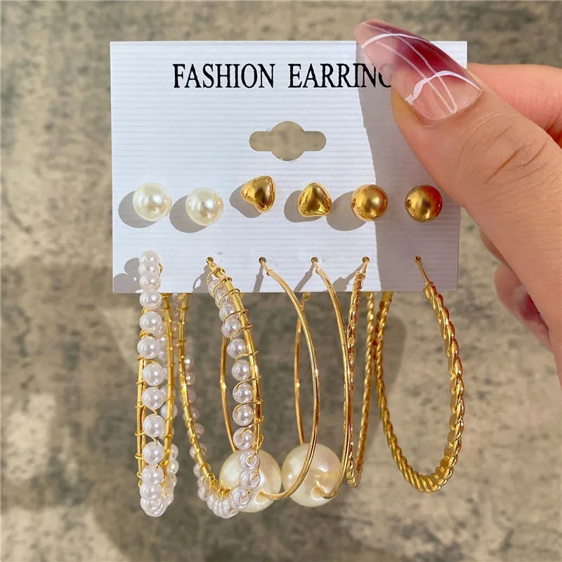 Boho Big Circle Hoop Earring Set for Women, Gold Color Bohemia VintageWomen, Gold Color Bohemia Vintage Pearl Earring, Heart Zircon Ear Studs Jewelry Gifts