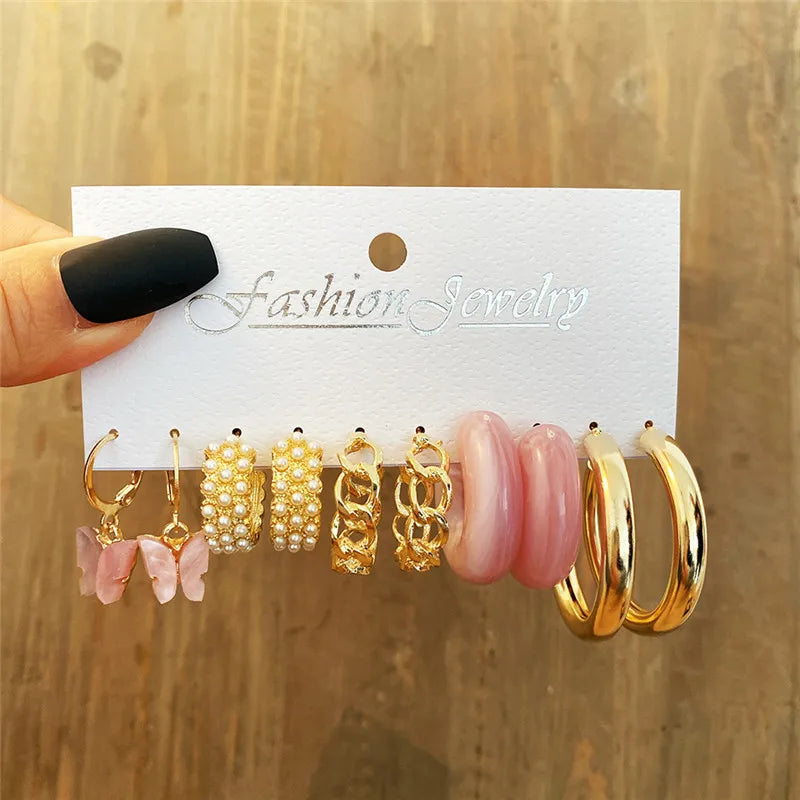 Boho Big Circle Hoop Earring Set for Women, Gold Color Bohemia VintageWomen, Gold Color Bohemia Vintage Pearl Earring, Heart Zircon Ear Studs Jewelry Gifts