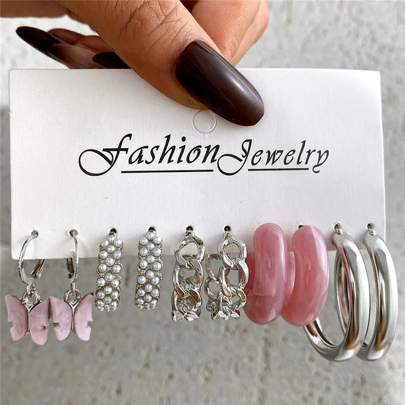 Boho Big Circle Hoop Earring Set for Women, Gold Color Bohemia VintageWomen, Gold Color Bohemia Vintage Pearl Earring, Heart Zircon Ear Studs Jewelry Gifts