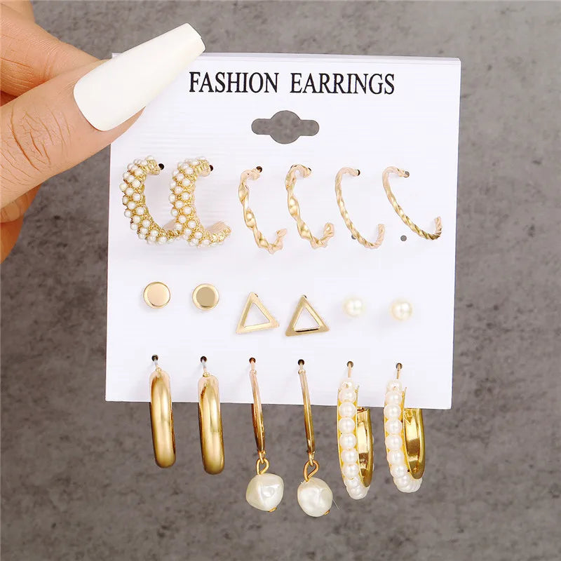 Boho Big Circle Hoop Earring Set for Women, Gold Color Bohemia VintageWomen, Gold Color Bohemia Vintage Pearl Earring, Heart Zircon Ear Studs Jewelry Gifts