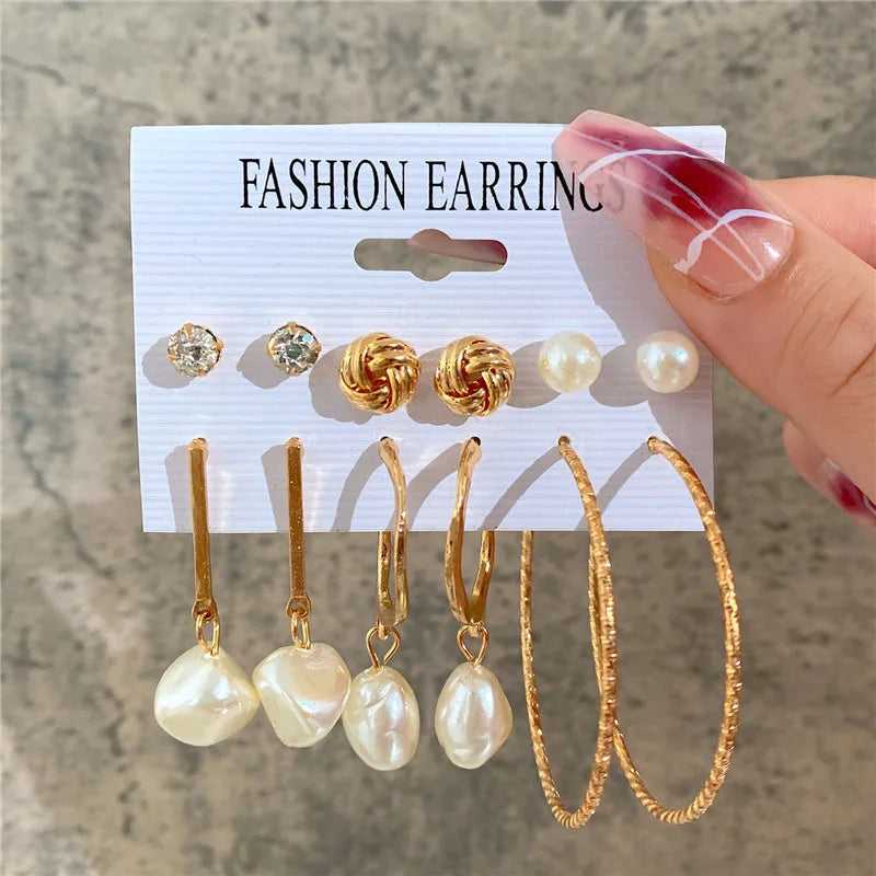 Boho Big Circle Hoop Earring Set for Women, Gold Color Bohemia VintageWomen, Gold Color Bohemia Vintage Pearl Earring, Heart Zircon Ear Studs Jewelry Gifts
