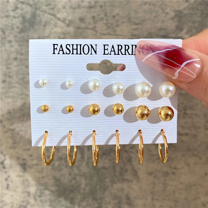 Boho Big Circle Hoop Earring Set for Women, Gold Color Bohemia VintageWomen, Gold Color Bohemia Vintage Pearl Earring, Heart Zircon Ear Studs Jewelry Gifts