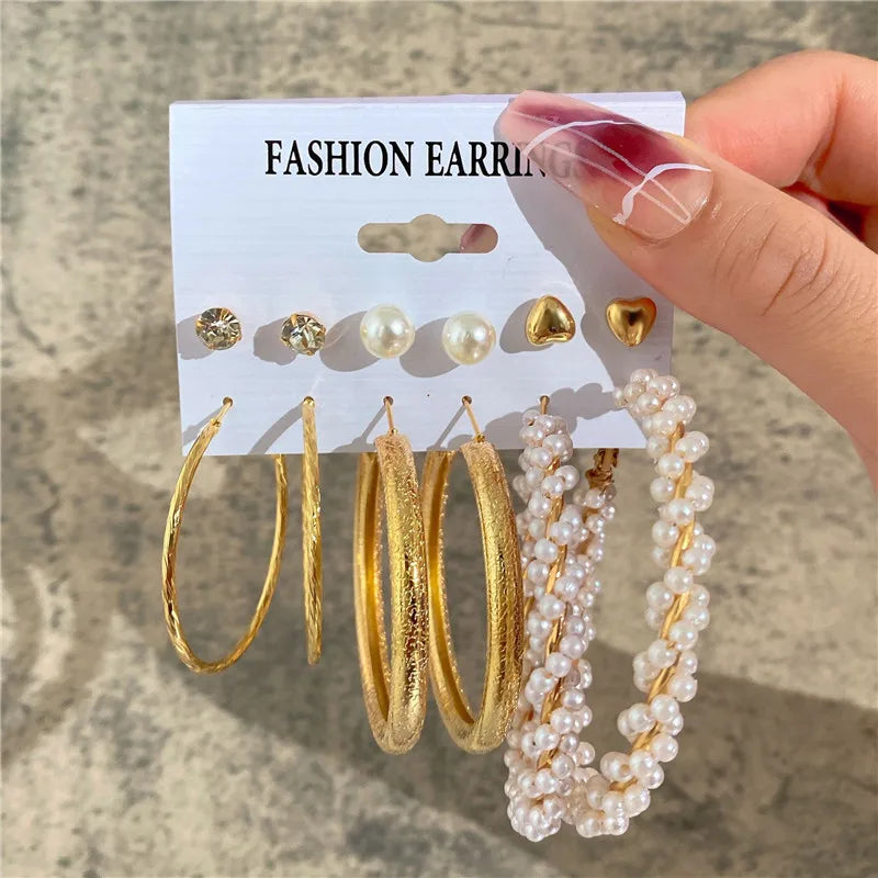 Boho Big Circle Hoop Earring Set for Women, Gold Color Bohemia VintageWomen, Gold Color Bohemia Vintage Pearl Earring, Heart Zircon Ear Studs Jewelry Gifts