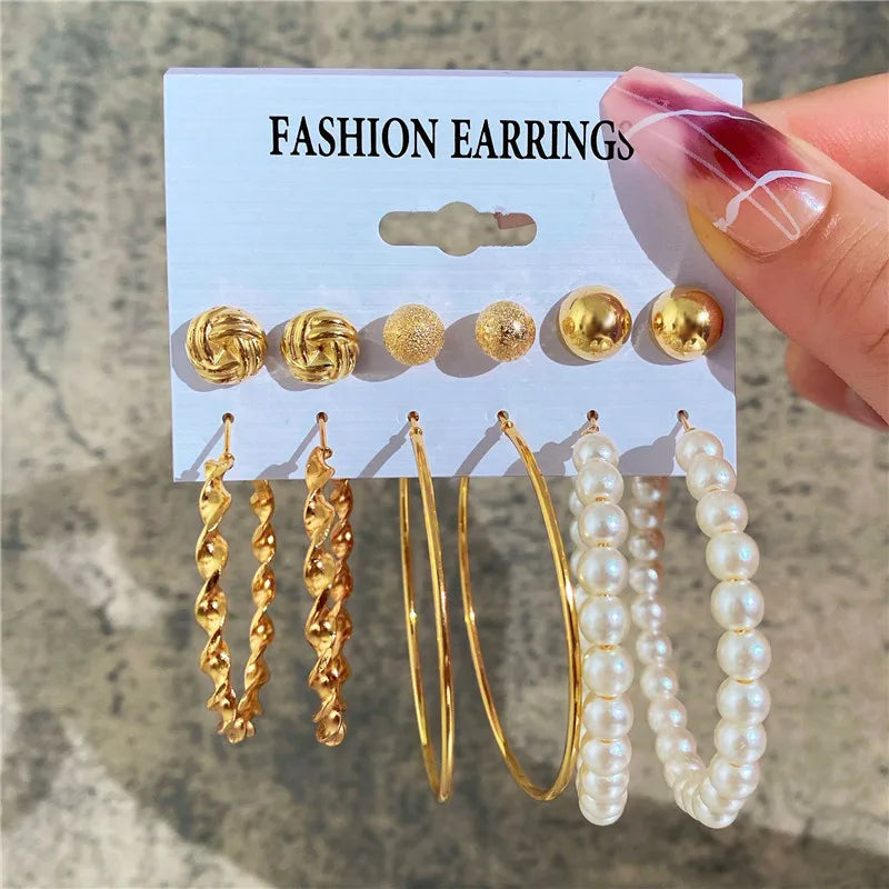 Boho Big Circle Hoop Earring Set for Women, Gold Color Bohemia VintageWomen, Gold Color Bohemia Vintage Pearl Earring, Heart Zircon Ear Studs Jewelry Gifts