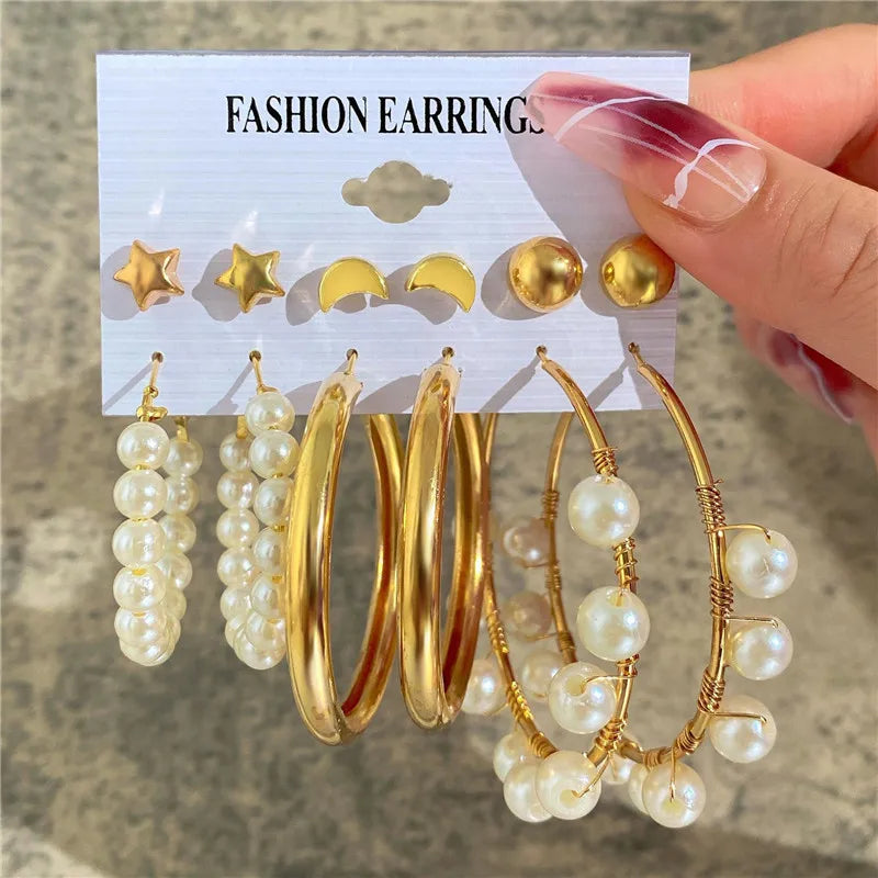 Boho Big Circle Hoop Earring Set for Women, Gold Color Bohemia VintageWomen, Gold Color Bohemia Vintage Pearl Earring, Heart Zircon Ear Studs Jewelry Gifts