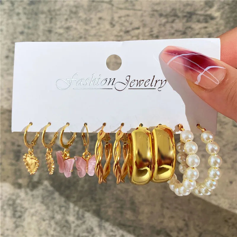 Boho Big Circle Hoop Earring Set for Women, Gold Color Bohemia VintageWomen, Gold Color Bohemia Vintage Pearl Earring, Heart Zircon Ear Studs Jewelry Gifts