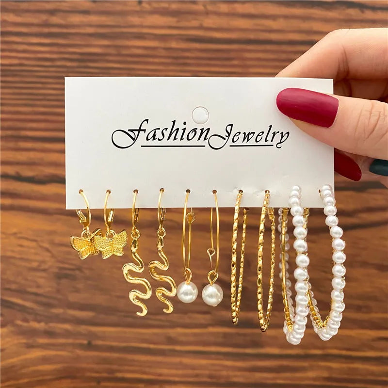 Boho Big Circle Hoop Earring Set for Women, Gold Color Bohemia VintageWomen, Gold Color Bohemia Vintage Pearl Earring, Heart Zircon Ear Studs Jewelry Gifts