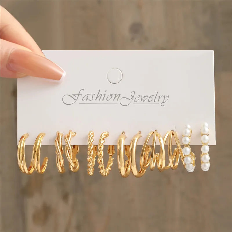 Boho Big Circle Hoop Earring Set for Women, Gold Color Bohemia VintageWomen, Gold Color Bohemia Vintage Pearl Earring, Heart Zircon Ear Studs Jewelry Gifts