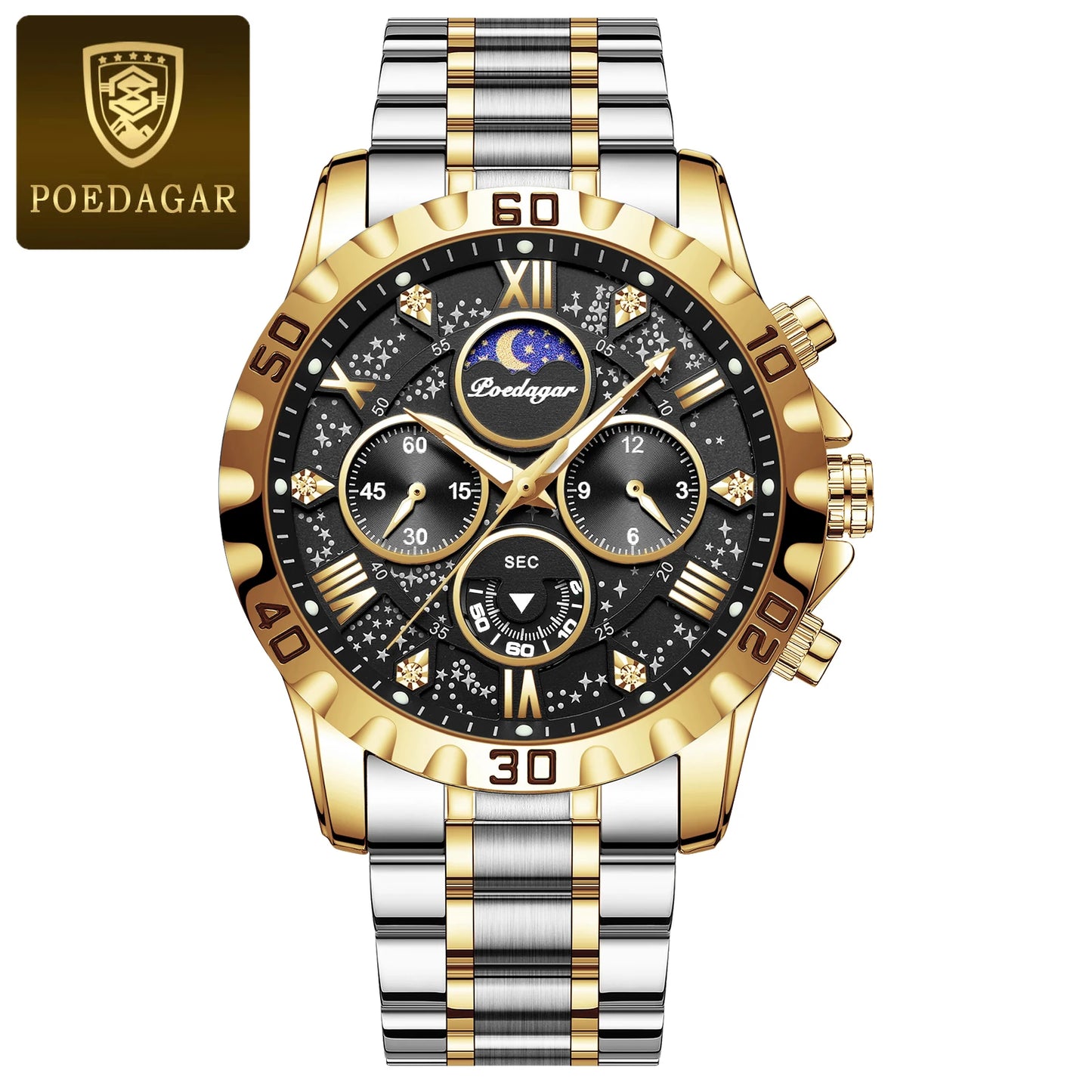 POEDAGAR Luxury Watch for Man Quartz Sports Men Watch Waterproof LuminPackage Included:
1 x POEDAGAR Clock
1 x POEDAGAR Box

1 x Watchband adjust tool
1 x Watch wipe
1 x Warranty card
After-Sales Service:
Any questions, please contact Man Quartz Sports Men Watch Waterproof Luminous Stainless Steel Chronograph Men'