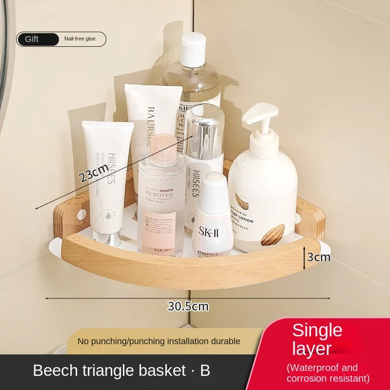 No-drill shower corner organizer rack in beech finish, ideal for bathroom storage.