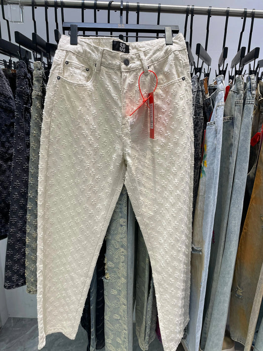Jacquard pattern denim pants in beige, straight fitting baggy bottoms, distressed style.