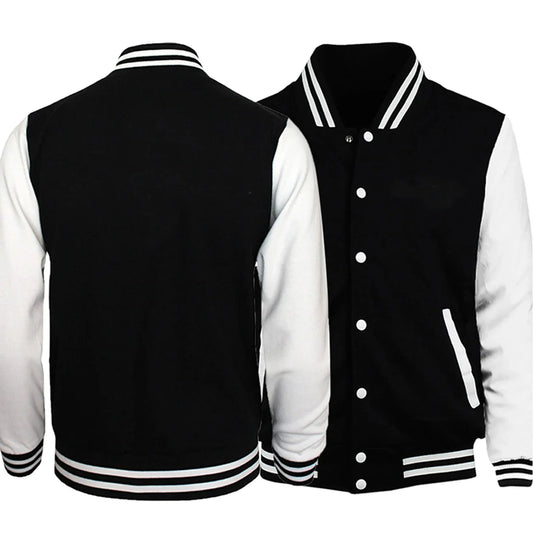 Black and white solid color loose oversized baseball jacket for men, featuring warm fleece material.