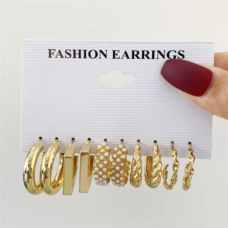 Boho Big Circle Hoop Earring Set for Women, Gold Color Bohemia VintageWomen, Gold Color Bohemia Vintage Pearl Earring, Heart Zircon Ear Studs Jewelry Gifts