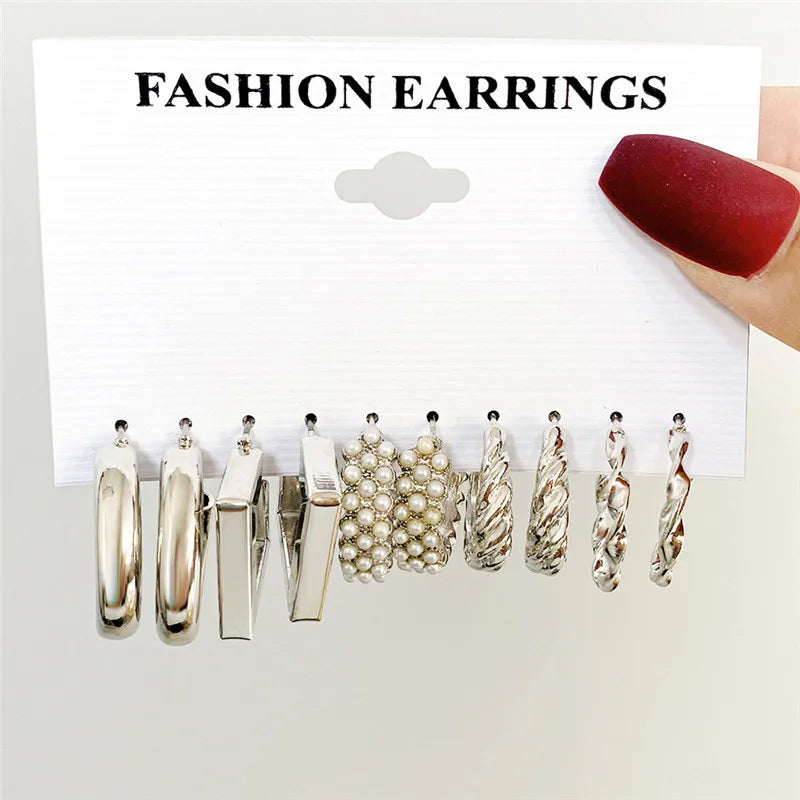 Boho Big Circle Hoop Earring Set for Women, Gold Color Bohemia VintageWomen, Gold Color Bohemia Vintage Pearl Earring, Heart Zircon Ear Studs Jewelry Gifts