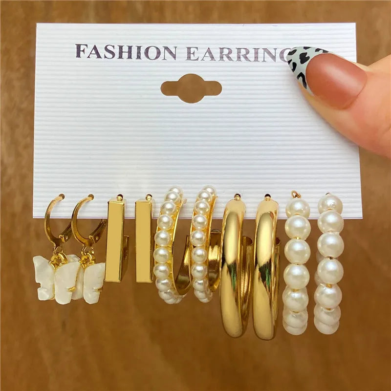Boho Big Circle Hoop Earring Set for Women, Gold Color Bohemia VintageWomen, Gold Color Bohemia Vintage Pearl Earring, Heart Zircon Ear Studs Jewelry Gifts