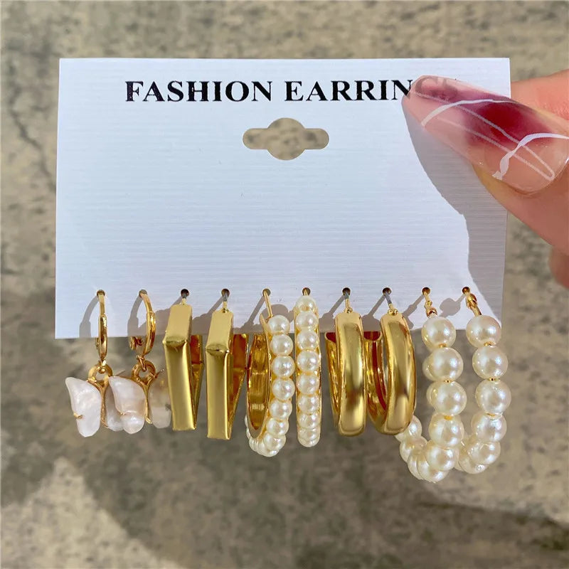 Boho Big Circle Hoop Earring Set for Women, Gold Color Bohemia VintageWomen, Gold Color Bohemia Vintage Pearl Earring, Heart Zircon Ear Studs Jewelry Gifts