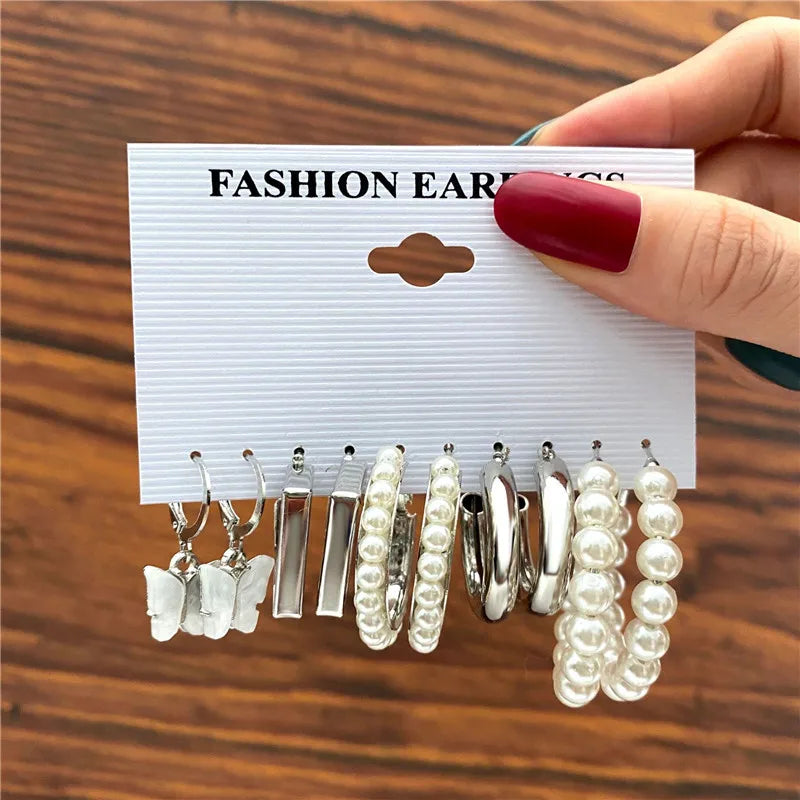 Boho Big Circle Hoop Earring Set for Women, Gold Color Bohemia VintageWomen, Gold Color Bohemia Vintage Pearl Earring, Heart Zircon Ear Studs Jewelry Gifts