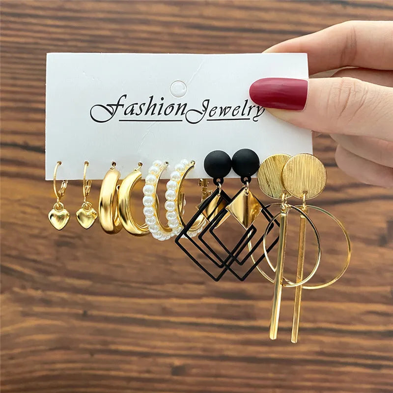 Boho Big Circle Hoop Earring Set for Women, Gold Color Bohemia VintageWomen, Gold Color Bohemia Vintage Pearl Earring, Heart Zircon Ear Studs Jewelry Gifts