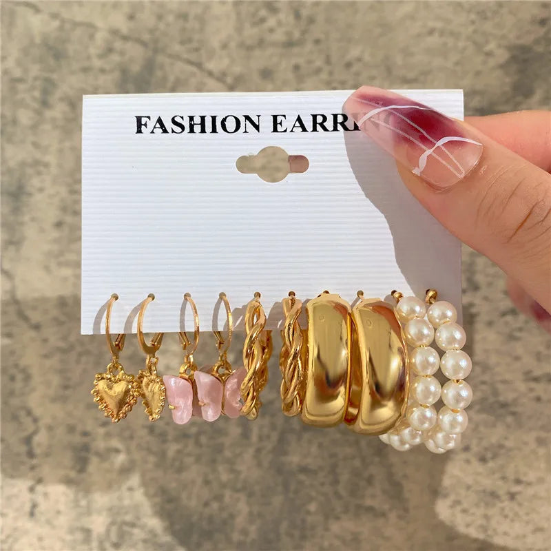 Boho Big Circle Hoop Earring Set for Women, Gold Color Bohemia VintageWomen, Gold Color Bohemia Vintage Pearl Earring, Heart Zircon Ear Studs Jewelry Gifts